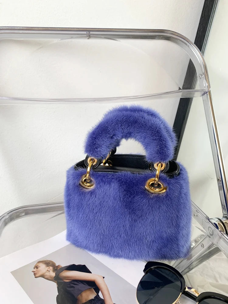 Mink Fur Handbag Small Square Bag Woman Shoulder Bag  Party Hand Bag Woman  Fashion Plush Bag Real Mink Fur Bag Furry Fur Bag