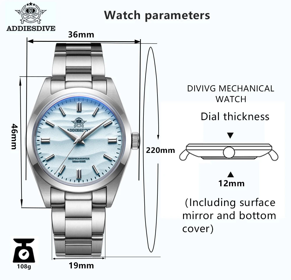 ADDIESDIVE Nouvelles montres-bracelets pour hommes de 36 mm avec couvercle de pot de luxe en verre avec revêtement AR Montres à quartz 10 bars étanches Reloj Hombre AD2030