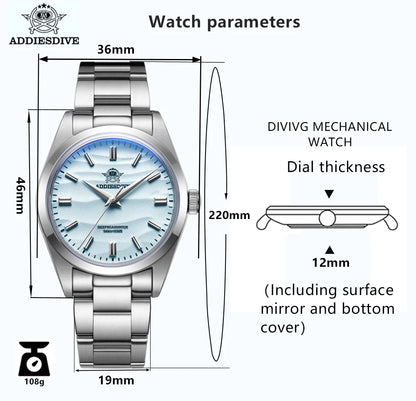 ADDIESDIVE Nuevos relojes de pulsera para hombre de 36 mm con cubierta de vidrio AR recubierto de cuarzo Relojes impermeables de 10 bar Reloj para hombre AD2030