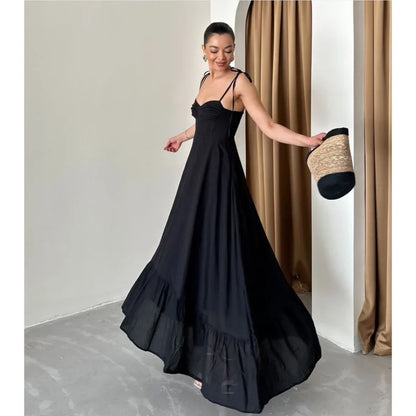 Beach Pleated Ruffle Hem Sling Women Dress Chic Solid Tube Sleeveless Backless A-line Long Dresses Summer Sexy Lace Up Lady Robe