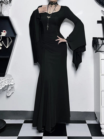 InsGoth Robe gothique d'Halloween pour femme, fourreau, sorcière, vintage, manches chauve-souris, col en V, longue, sirène, robe de soirée formelle