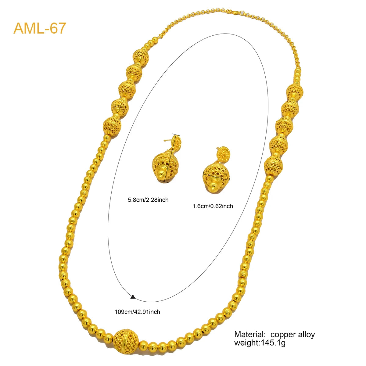 Fashion Dubai Luxury 24k Gold Color Long Chain Bead Jewelry Set For Women Arab African Indian Charm Necklace Earrings Set Gifts