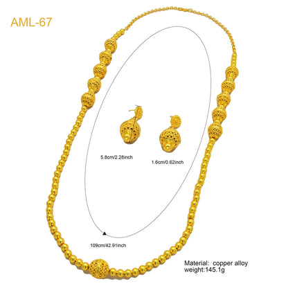 Fashion Dubai Luxury 24k Gold Color Long Chain Bead Jewelry Set For Women Arab African Indian Charm Necklace Earrings Set Gifts