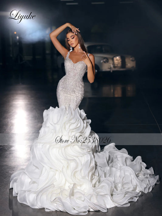 Liyuke - Vestido de novia de sirena con encaje bordado y elegantes cuentas, tirantes finos de lujo, cola de organza escalonada, vestidos de novia tipo trompeta