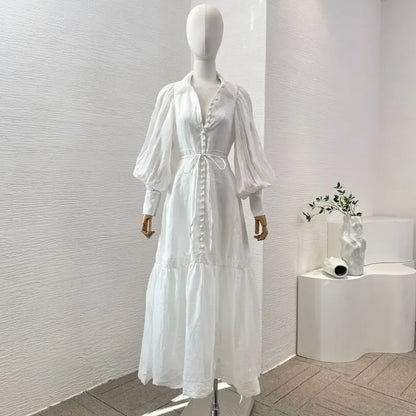 White Hook Flower Hollow Long Shirt Dress Top Quality Spring Women Summer Elegant Lantern Sleeve Buttons Lace-up