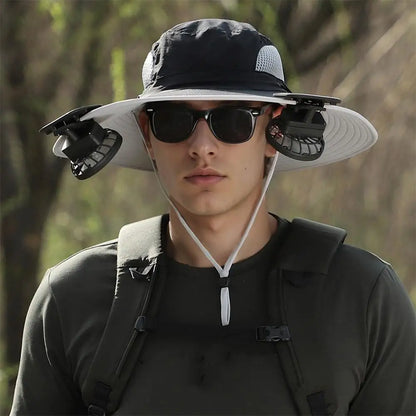 Chapeau de ventilateur de refroidissement rechargeable Grande protection contre le vent pour les activités de plein air d'été, la pêche et la protection solaire Chapeau à grand bord