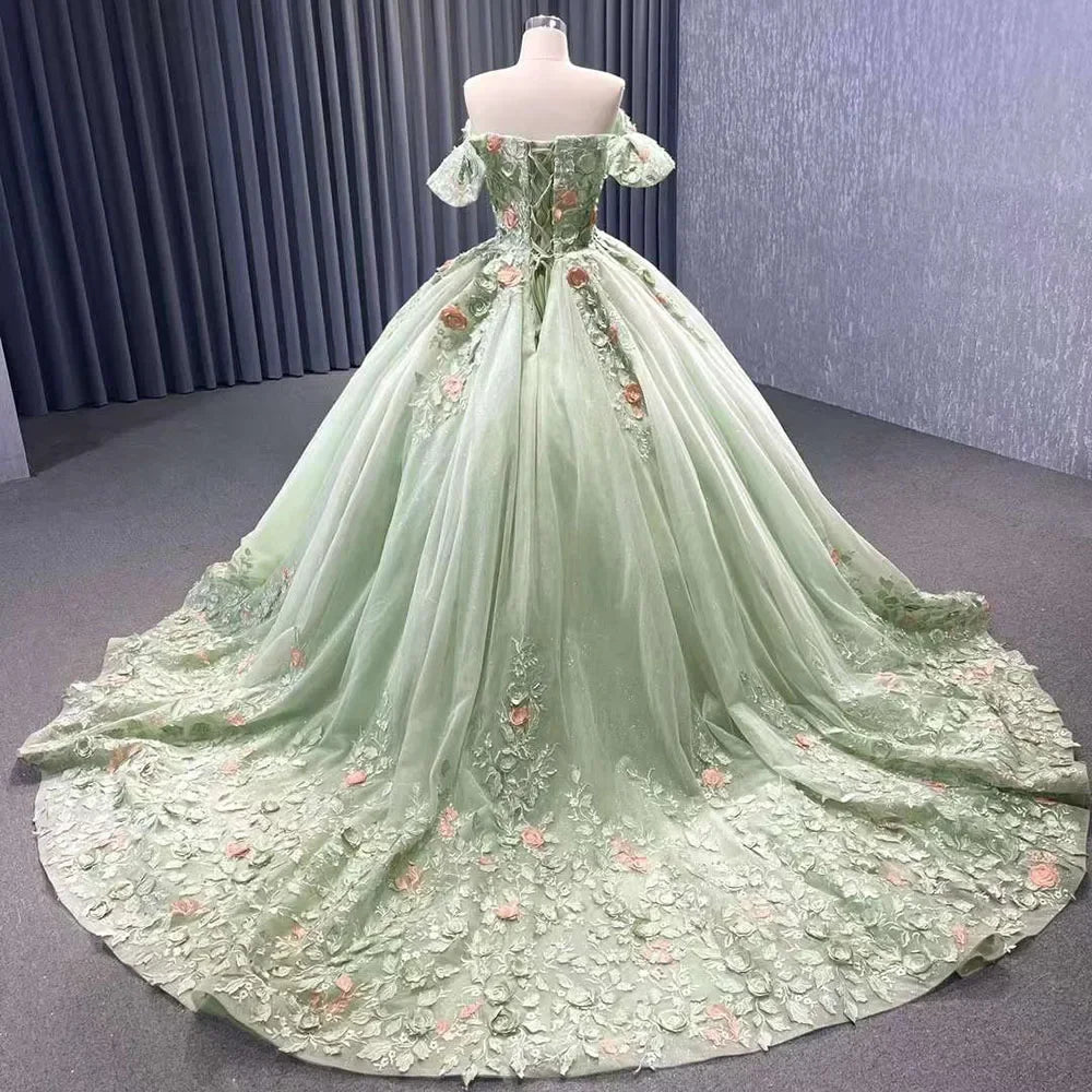 Sage Green Appliques Women Wedding Dresses Elegant Off the Shoulder Flowers Ball Gowns Fashion Court Train Bridal Dresses