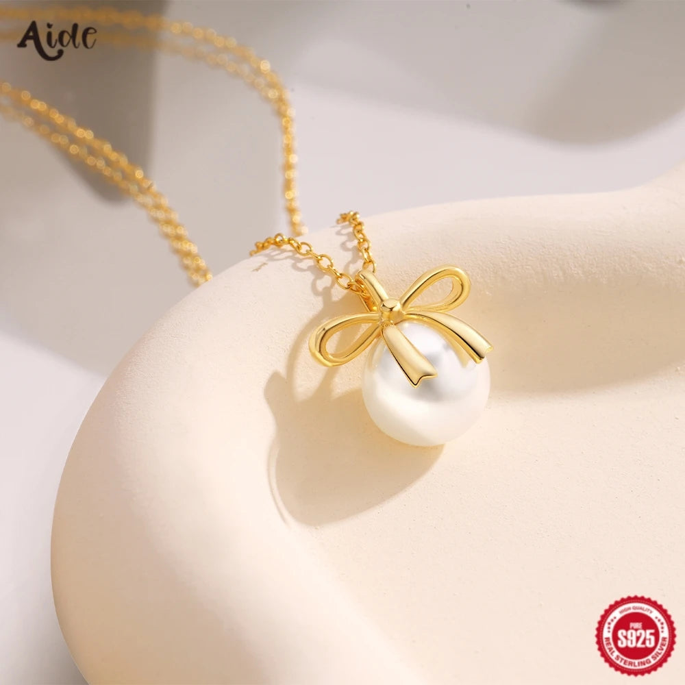 Aide 925 Sterling Silver Bowknot With Pearl Pendant K Gold Chain Necklace For Women Elegant Luxury INS Fine Jewelry Party Gift