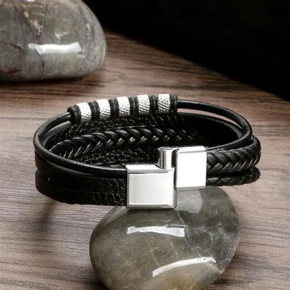 Pulsera de cuero de acero inoxidable para hombre, pulsera de cuentas clásica multicapa tejida a mano, joyería de moda para hombre, venta al por mayor, envío directo