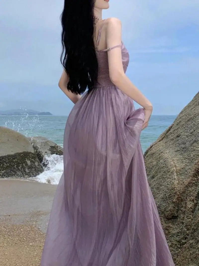 Robe longue violette à bretelles spaghetti vintage pour femme 2023 Été Sexy Tulle Plis Fée Soirée Dos Nu Vêtements Féminins