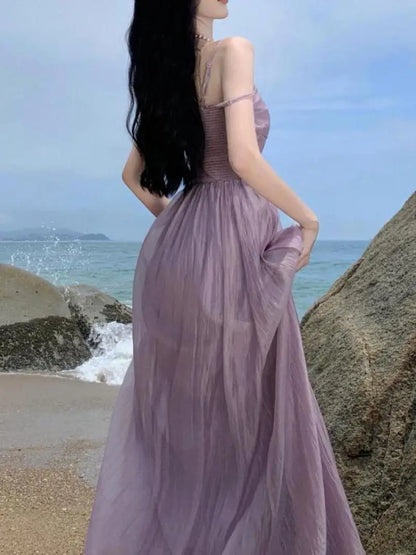 Vintage Spaghetti Strap Purple Long Dresses for Women 2023 Summer Sexy Tulle Pleats Fairy Evening Party Backless Female Clothing