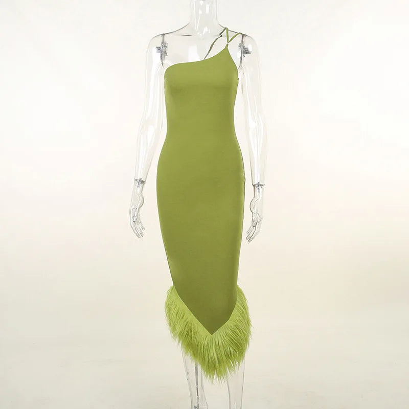 Robe de cocktail courte verte sexy en crêpe à une épaule avec plumes et rayures Robe sirène dos nu Robe de bal Robe de soirée Clubwear