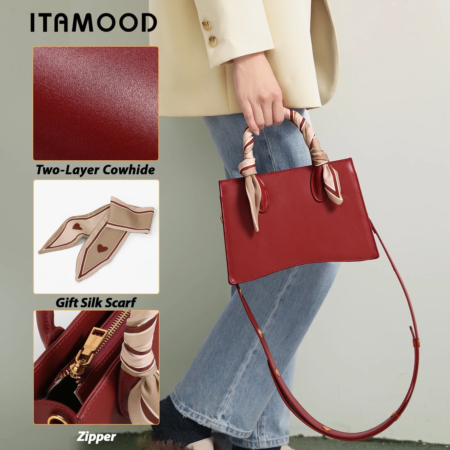 Bolso de mano para mujer ITAMOOD 2024, nuevo bolso rojo, regalo de boda para mujer, bolso de mano de piel de vaca auténtica para novia, bolso de oficina para cosméticos