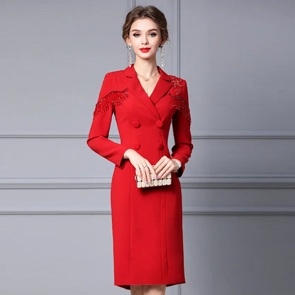 Red Dress Ladies Fall 2024 new suit collar handmade beaded formal occasion long sleeved hip dresses women 24041