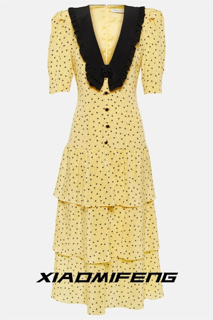 Alessandra RICH Nouvelle robe à pois à volants et col en V pour un look plus mince, robe de gâteau de style célébrité haut de gamme, jupe longue pour femme