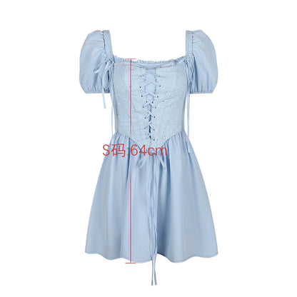 Summer Blue Square Neck Dress Casual Holiday Detachable Puff Sleeve Corset Dress Mini Elegant Women Party Vacation Dress 2023