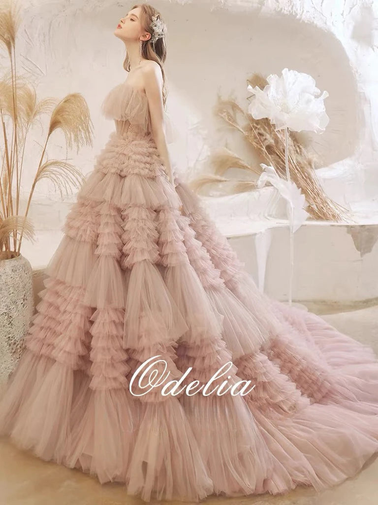 Vestidos de celebridades color rosa polvoriento con capas, princesa, marfil, sin tirantes, con cordones, largos, sin mangas, elegantes, de tul, para bodas, fiestas de noche