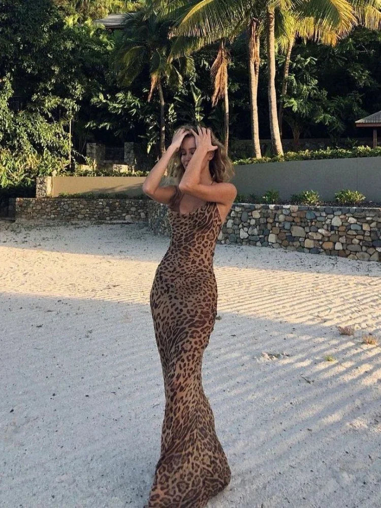 Oligai Summer Leopard Sheer Beach Dress Sexy Maxi See Through Backless Lace Up Dress  Elegant Floor Length Holiday Dress Women