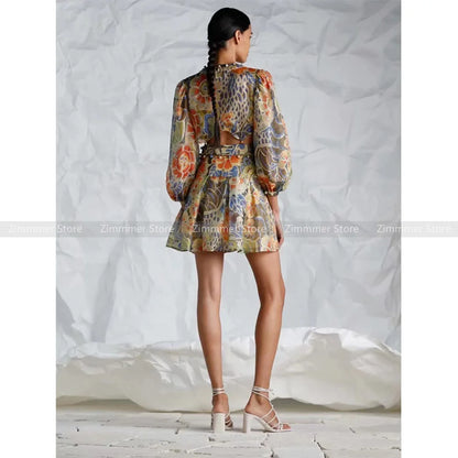 Australian niche retro V-neck large flower print waist-baring long-sleeved short dress for women