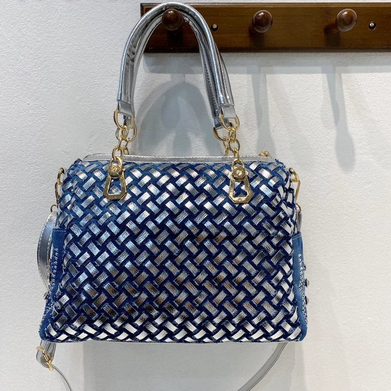 Bolso de mezclilla de moda para mujer, bolso de lona cuadrado con diamantes, bolso tejido, bolso de mensajero de moda, bolso de mano para mujer, bolsos de lujo