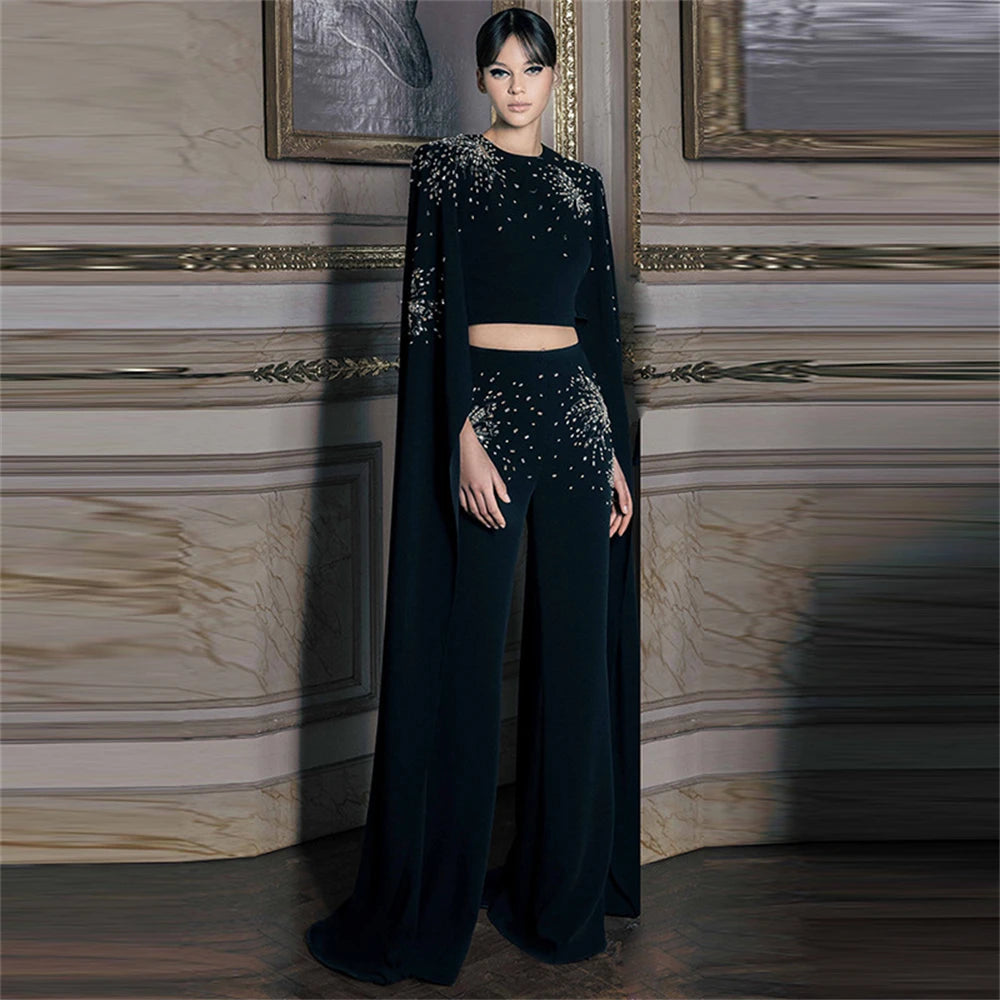 New Fashion Women's 2 Pieces Formal Dress Set, Long Cape Sleeves Top With Long Flare Pants  Crystals Embellished