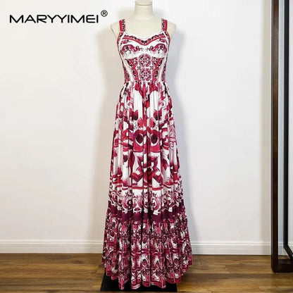 MARYYIMEI Vestido de algodón puro para mujer, vestidos largos con estampado de tirantes finos