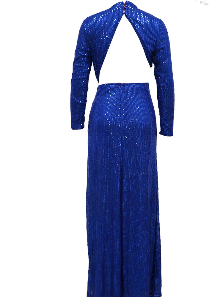 Robe longue à paillettes bleu royal 2024 pour femmes, robe de bal de mariage brillante, manches longues, sexy, ajourée, robes formelles