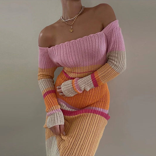 Y2K Vintage Striped Knitted Long Dress Leisure Style Off Shoulder Long Sleeve Bodycon Maxi Dress Chic Women Crochet Clothes