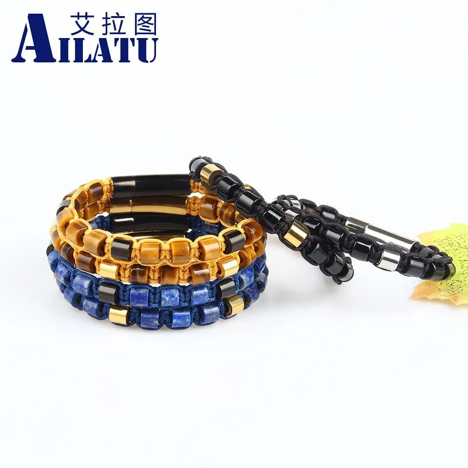 Ailatu 10pcs/lot New Friendship Bracelet, 6mm Tiger Eye, Lapis Stone, Black Onyx Cylinder Beads Stainless Steel Jewelry for Men