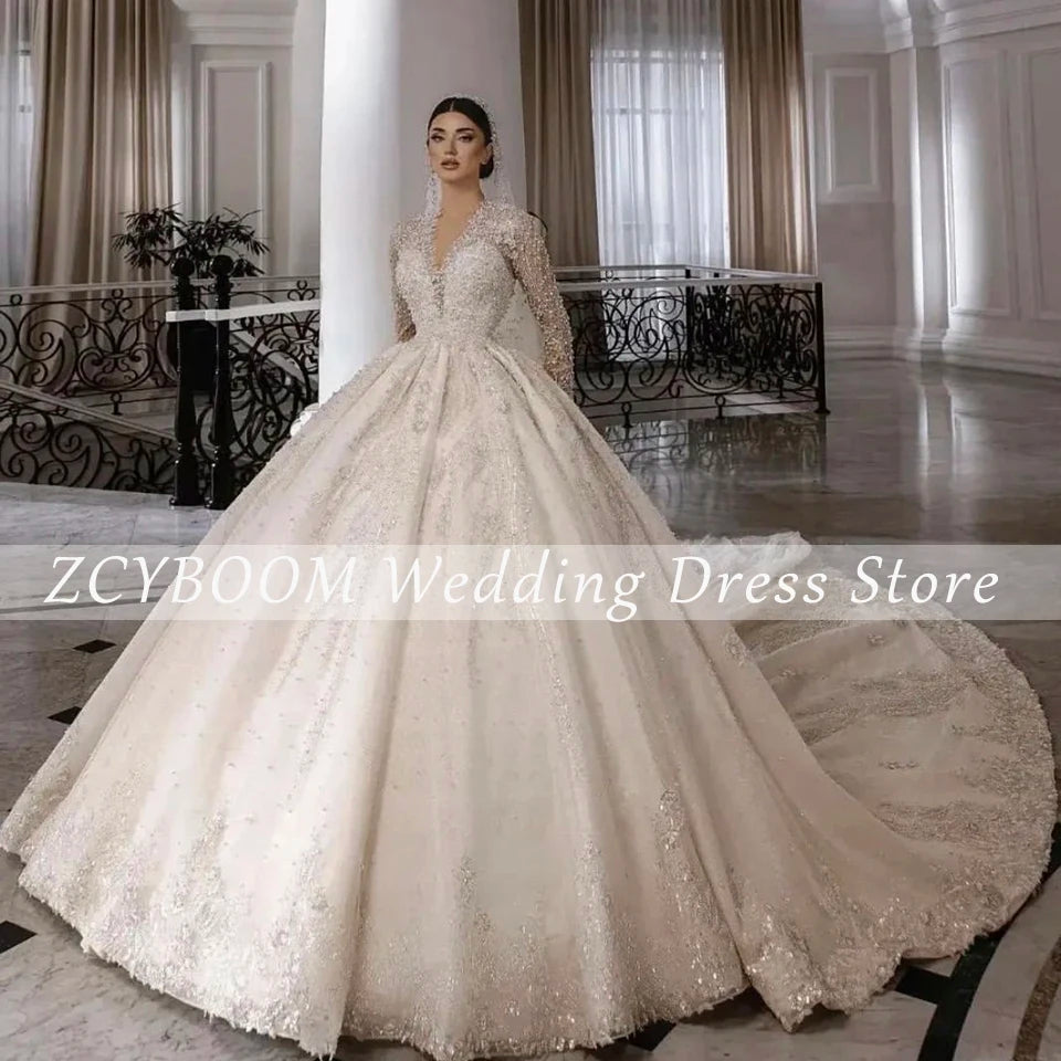 Luxury V-Neck Sequin Appliques Long Sleeves White Wedding Dress 2024 Ball Gown Floor Length Sweep Train Lace Up Bridal Gown