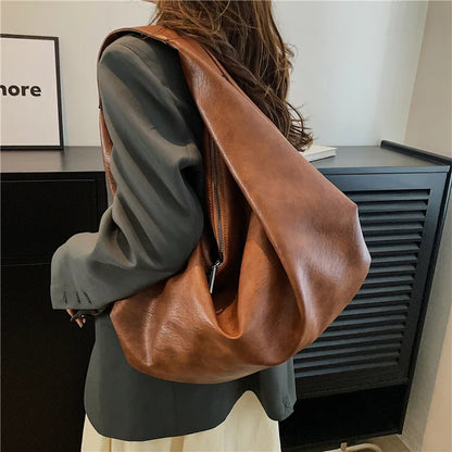 Bolso de mano retro para mujer, bolso de hombro de gran volumen debajo del brazo, bolso de mano de cuero PU suave simple y elegante para uso diario