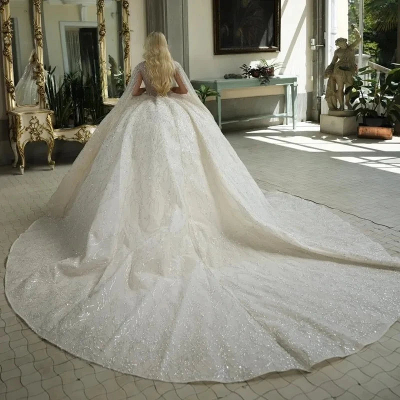 Vestido de novia de lujo con bola brillante, apliques de cuentas y capa, vestido de novia princesa, bata de boda