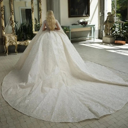 Luxury Shiny Ball Gown Wedding Dress Beading Appliques With Cape Princess Bridal Gown Robe De Mariage