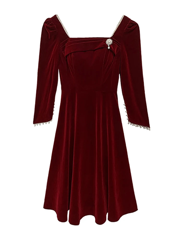 Vestido midi sexy de terciopelo rojo con cuentas para otoño e invierno, vestido elegante de lujo para mujer para fiesta de graduación y noche, vestido de boda elegante coreano 2024