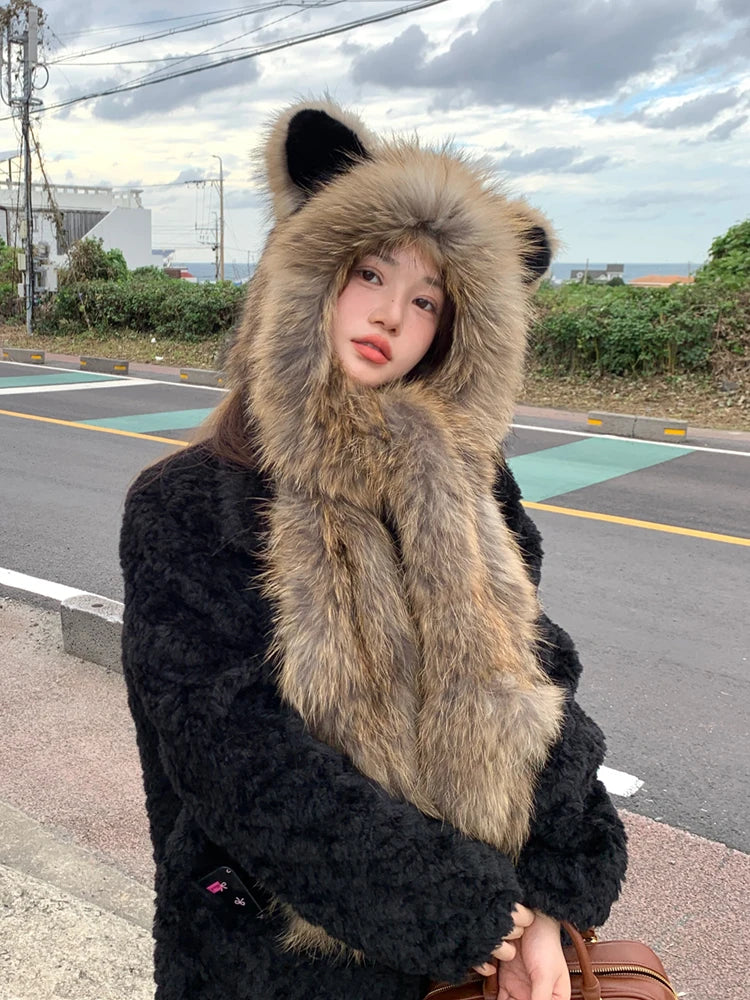 New Autumn And Winter Raccoon Fur Weaving Foreign Style Wild Outdoor Cold And Windproof Hat Scarf One-Piece Knitted Cap