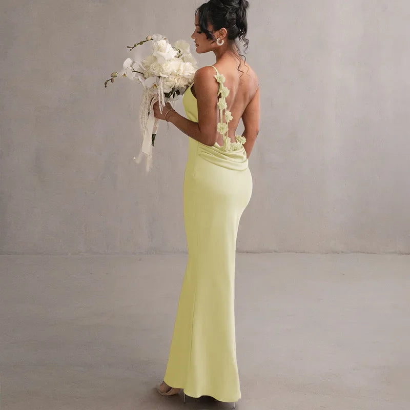 Robe de mariée élégante à fleurs 3D pour femmes, en satin, dos nu, bretelles spaghetti, robe longue de soirée, de fête d'anniversaire, de retour à la maison