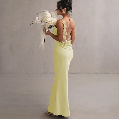 Elegant 3D Flower Wedding Guest Dress Women Satin Backless Spaghetti Strap Luxury Evening Birthday Party Homecoming Long Dress