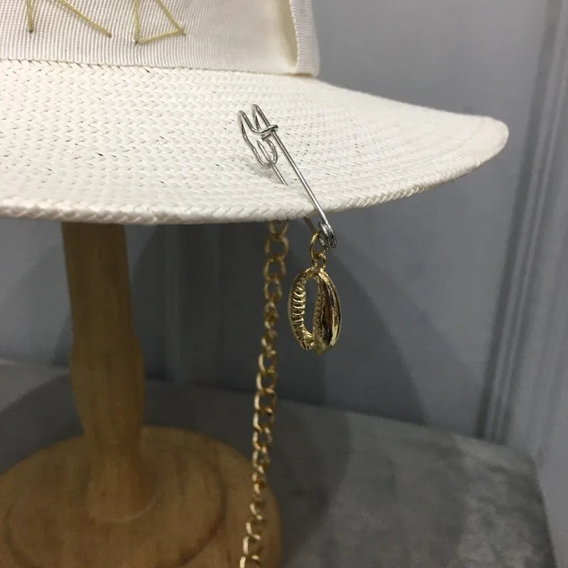 2021 new arrival Women's summer hat with chain and pin  white straw women's cap female