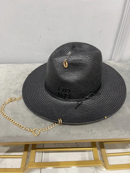 Novedad de verano 2023, sombrero de paja RB, sombrero fedora con correa de cadena negra para mujer, sombrero de playa para mujer