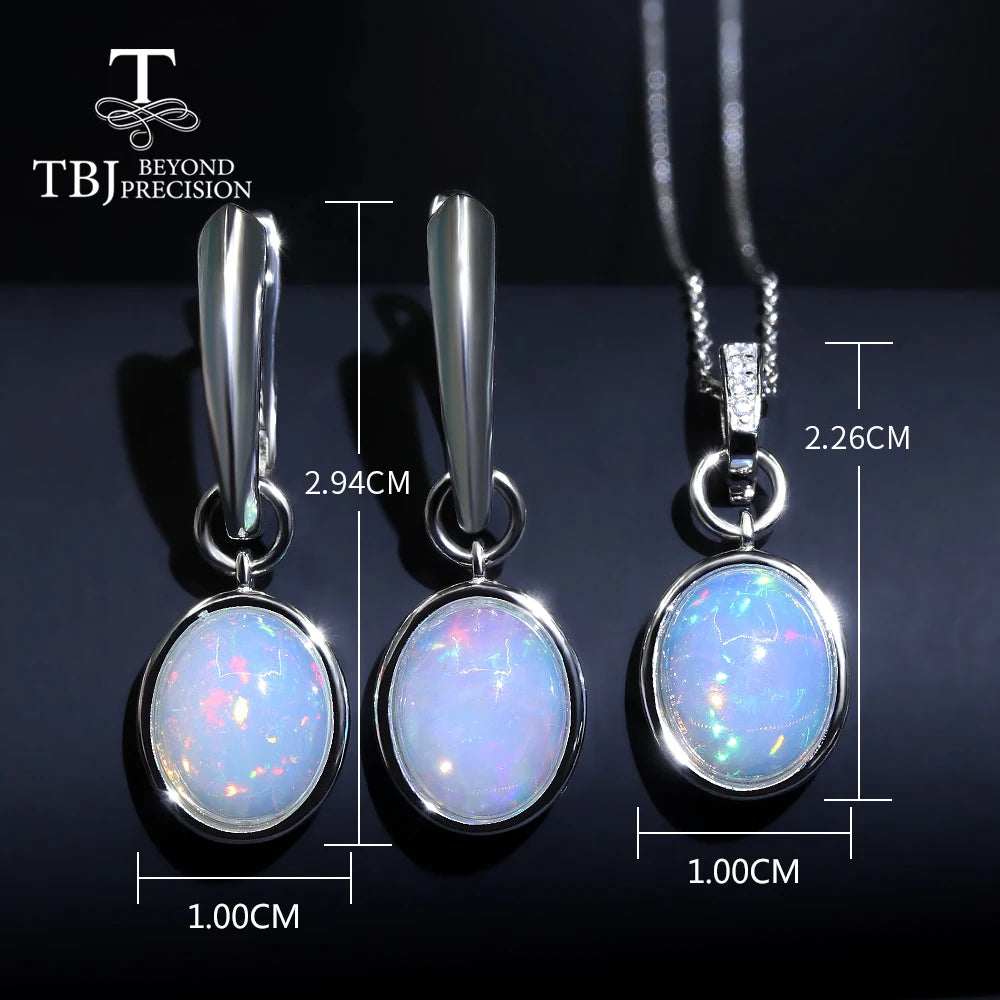 TBJ 100% coloré brillant opale ovale 8*10mm pendentif en pierre précieuse boucle d'oreille ensemble de bijoux en argent sterling 925 pour femmes cadeau unique