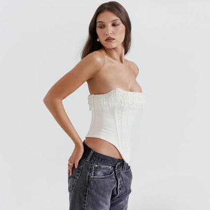 2023 Nouveau soutien-gorge en perles pour femmes Spicy Girl Wear Gilet en arête de poisson Noué sur la poitrine Haut nu irrégulier pour femmes