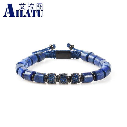 Ailatu 10pcs/lot Luxury Blue Cz Cylinders Men's Braiding Bracelet with Natural Lapis Stone Top Quality