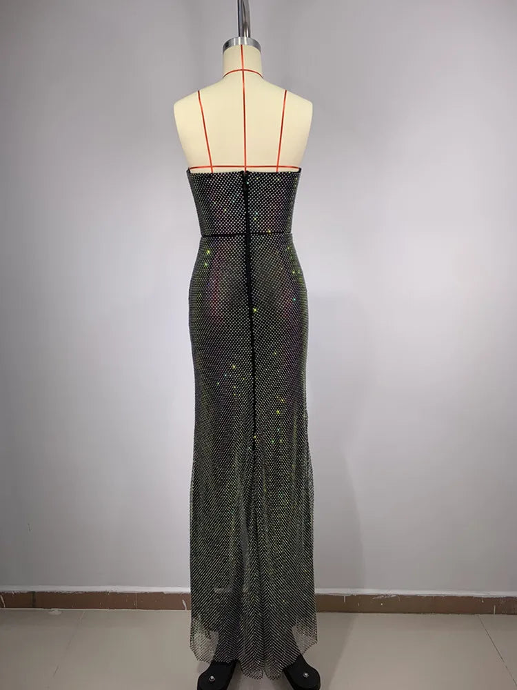 Robe longue d'été sexy sans bretelles pour femmes, tenue de soirée élégante, noire, avec cristaux scintillants, pour soirée, spectacle sur scène, 2024