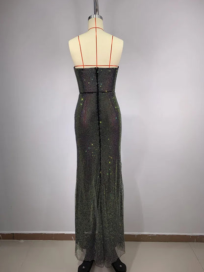 Robe longue d'été sexy sans bretelles pour femmes, tenue de soirée élégante, noire, avec cristaux scintillants, pour soirée, spectacle sur scène, 2024