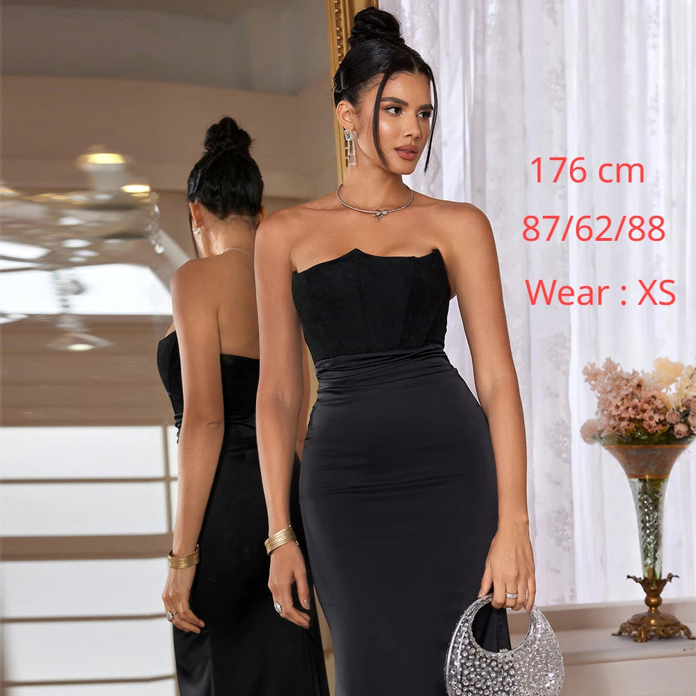 Mingmingxi Maxi Strapless Formal Occasion Vestidos Elegantes Bodycon Corset Vestidos de Fiesta Sexy Vestido de Retazos de Terciopelo y Satén