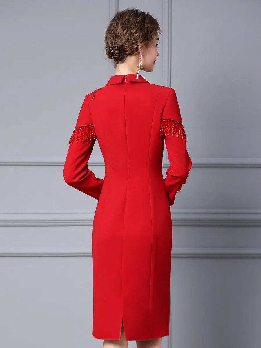 Red Dress Ladies Fall 2024 new suit collar handmade beaded formal occasion long sleeved hip dresses women 24041