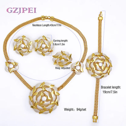 Ensemble de bijoux de haute qualité pour femmes, collier, boucles d'oreilles, bracelet et bague en plaqué or, Dubaï, Nigéria, cadeau de fête de mariage tendance