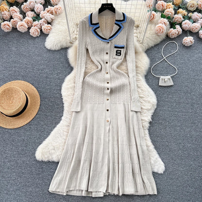 Robe trapèze élégante à col en V et simple boutonnage brodée à manches longues en tricot, pull fin à la mode, vêtements sexy pour femmes, automne et hiver