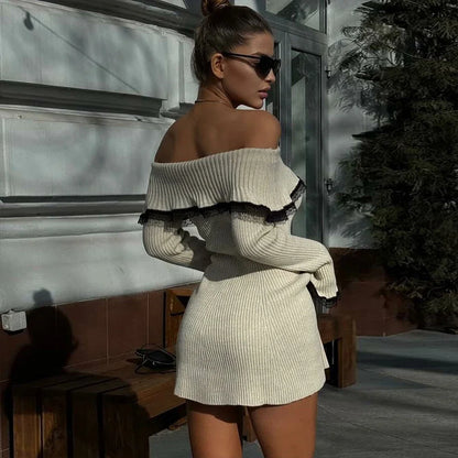 Oligai  Autumn Off The Shoulder Sweater Dress 2024 Elegant Long Sleeve Knitted Dress Sexy Causal Warm White Dress Women