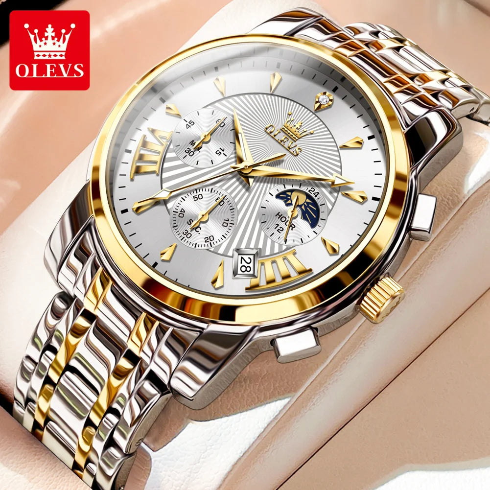 Relojes para hombre OLEVS, marca superior, cronógrafo multifuncional, reloj de pulsera original de cuarzo para hombre, resistente al agua, luminoso, fecha y luna